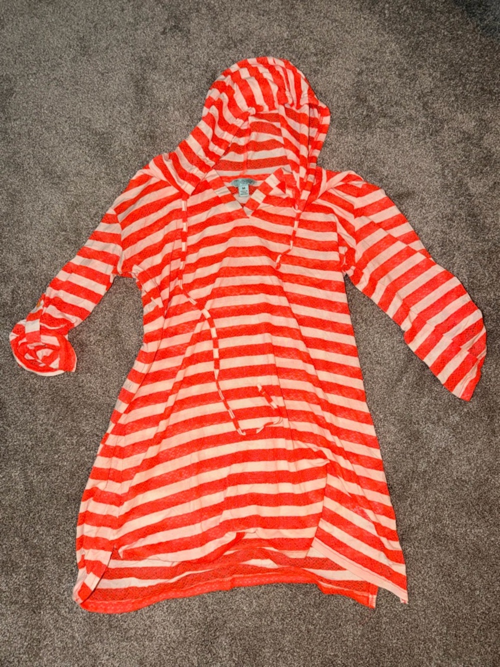 Striped Hooded Tunic Dress in Neon Coral and White
